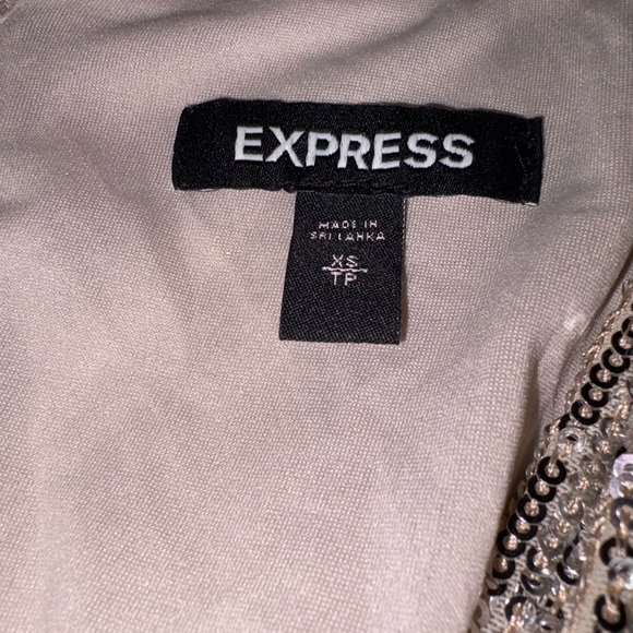 EXPRESS BEIGE SILVER SEQUIN FAUX WRAP MINI DRESS - Picture 4 of 9